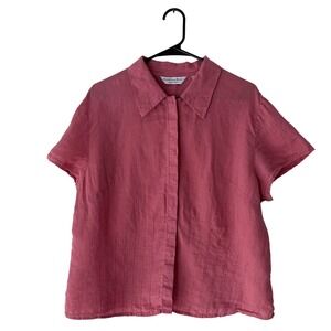 KATHERINE KELLY Irish Linen Pink Pleated Short Sleeve Button‎ Up Blouse XL